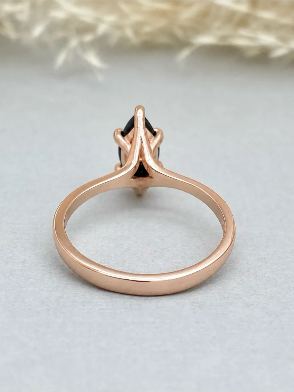 Rose Gold Black CZ Marquise Cut Solid Sterling Silver Solitaire Stackable Ring